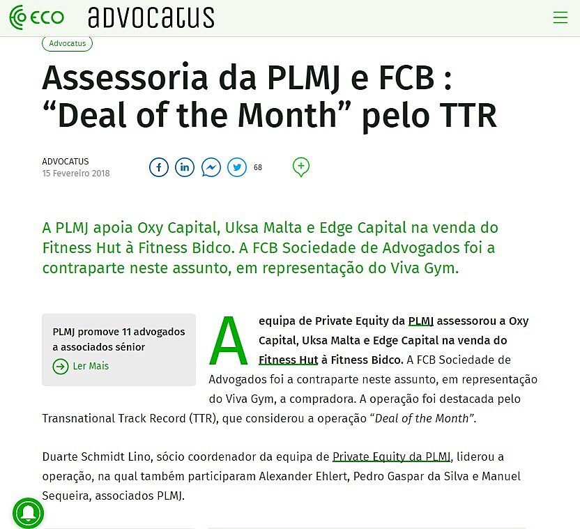 Assessoria da PLMJ e FCB : Deal of the Month pelo TTR